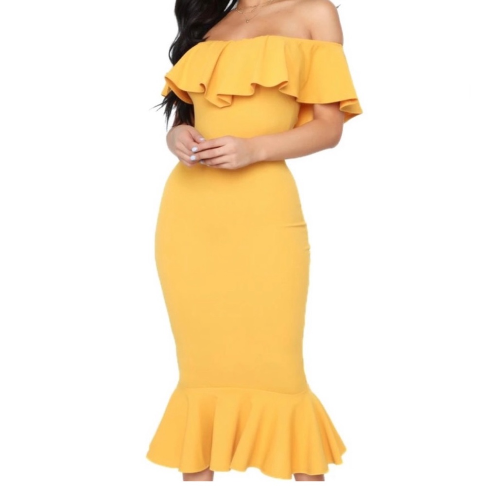 Very flattering Mustard Yellow Midi Dress with Beautiful Ruffles